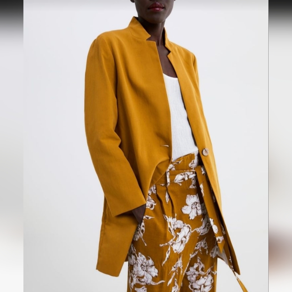 Zara Mustard Yellow‎ Cotton Longline Blazer Jacket